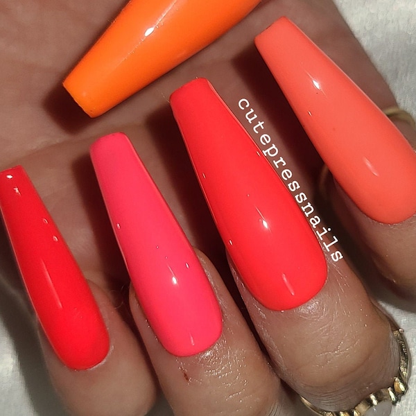 Electric orangeㅣBRIGHT NEON RAINBOW press on nails | Gel Acrylic Nails | Crystal Elegant Nails | Luxury Nails | Bride nails | bling nails