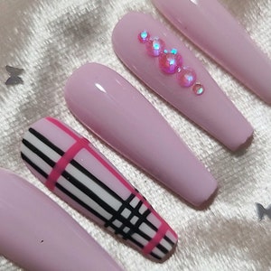 Pink Check Pattern Bling Press on nails | Gel Acrylic Nails | Crystal Elegant Nails | Luxury Nails | Bride nails | bling nails