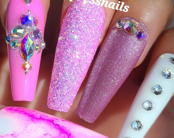 PINK SUGAR Marble Cateye Bling Press on Nails| Gel Acrylic Nails | Crystal Elegant Nails | Luxury Nails | Bride nails | bling nails