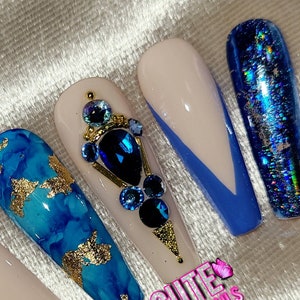 Blue Ocean Marble Press On Nails | Marble nails | Gold Flake Nails | Bling Nails | Gold Nails | Bridal Nails