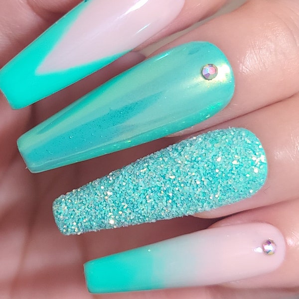 IBIZA VIBES long coffin Press on  nails | Gel Acrylic Nails | Crystal Elegant Nails | Luxury Nails | Bride nails | bling nails