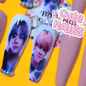 BTS FAN LONG coffin press on nailsㅣmix and match | Gel Acrylic Nails | Crystal Elegant Nails | Luxury Nails | Bride nails | bling nails