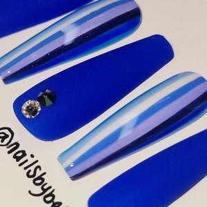 Blue mix stripes press on nails | marble nails | blue nails | bling nails | royal blue nails | bridal nails | Luxury Nails