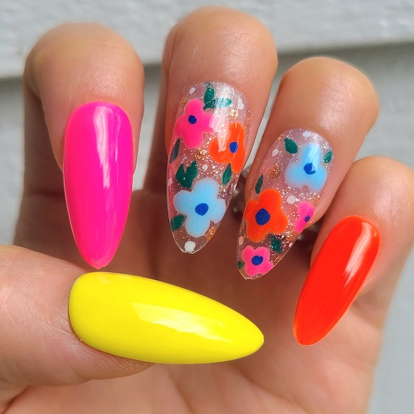 Neon Flower Garden press on nails
