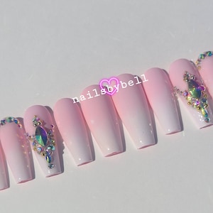 Pink ombre wedding press on nails | Gel Acrylic Nails | Crystal Elegant Nails | Luxury Nails | Bride nails | bling nails