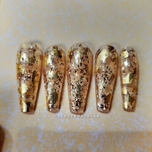 Luxury Golden Press On Nails Gold Nails Gold flake Nails Rich nails image 1