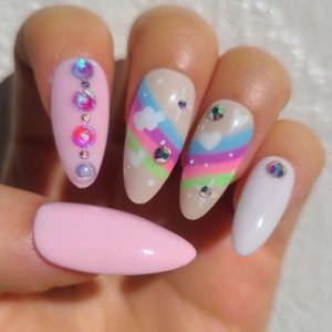 Pink Rainbow Press On Nails | Kawaii Nails | Cute Nails | Princess Nails | Fake Nails | Stiletto Nails | Coffin Nails | Swarovski Nails