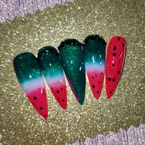 Watermelon Sugar Press On Nails | Green Nails | Summer Nails | fruit nailsㅣbling nails | Luxury Nails | Vacation nails | Pink nails