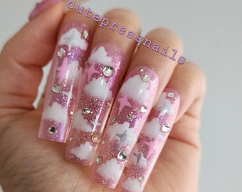 XXLONG Cloud Pink Puffy Press On Nailsㅣbling press on nails | XXLONG Nails | Luxury Nails | Bride nails | bling nails