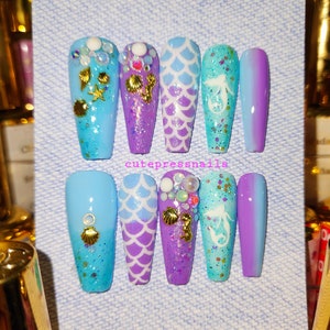 Purple Blue Ocean Mermaid Shell Press On Nails | Mermaid Nails | Luxury Long Nails | Blue nails | Summer Nails