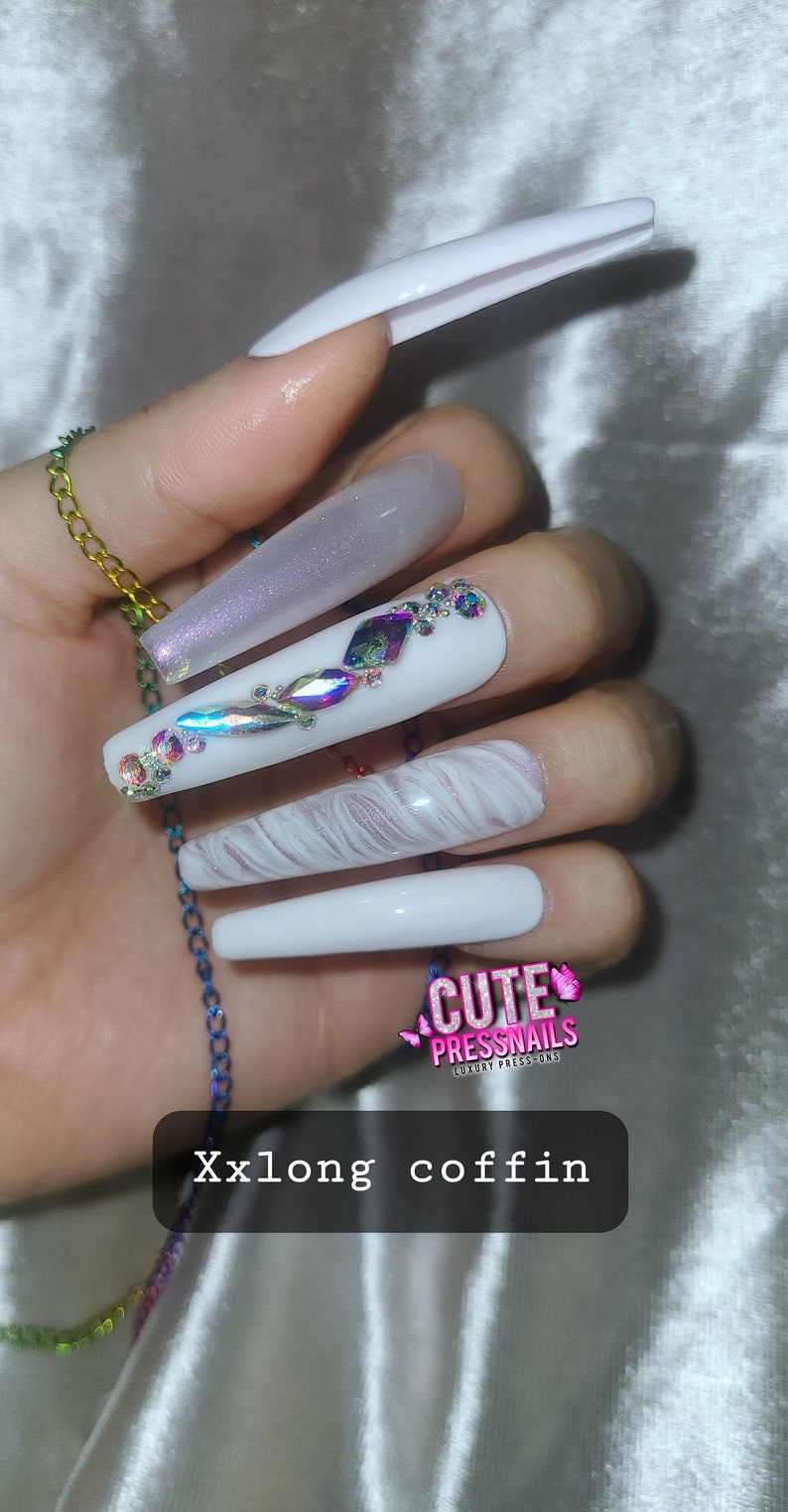 XXL WHITE MARBLE Press on Nails Gel Acrylic Nails Crystal Etsy