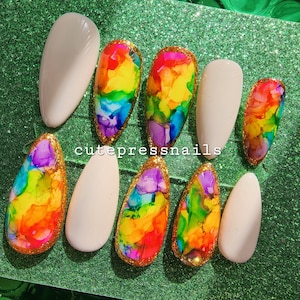 Rainbow Tie Dye hand made press on nails