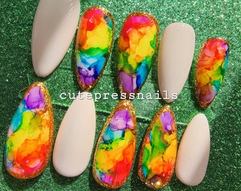 Rainbow Tie Dye hand made press on nails