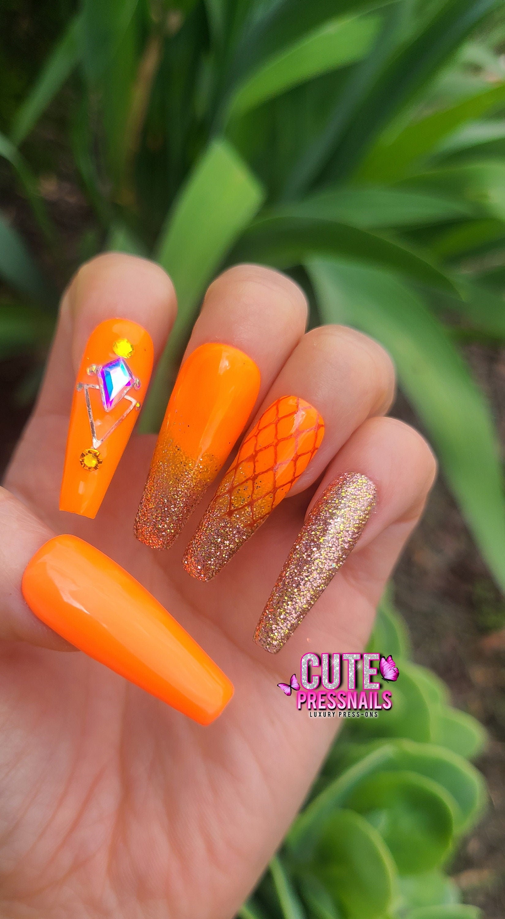 LUXㅣNEON ORANGE Press on Nails Gel Acrylic Nails Crystal - Etsy