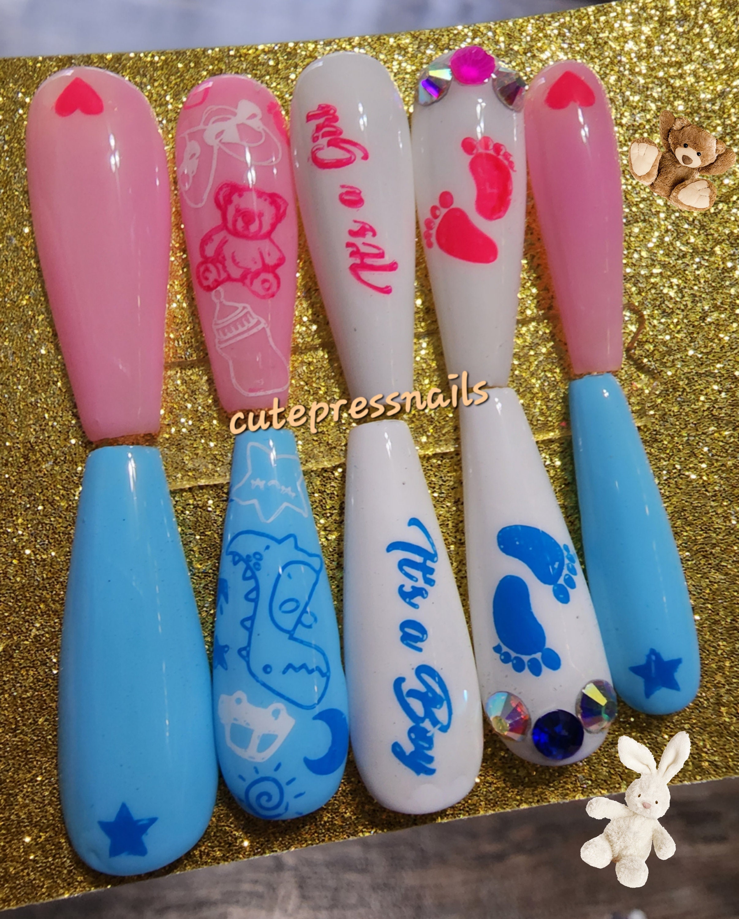 Baby gender revealㅣpink blue nails | Gel Acrylic Nails | Crystal Elegant Nails | Luxury Nails | baby gender nails | baby shower nails