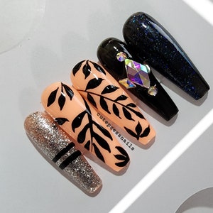 Black Leaf Nature Press On Nails | black Nails | Glitter Nails | Neon Nails | Luxury Nails