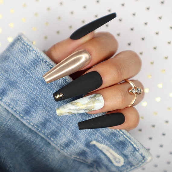 Buy Black Gold Marble Press on Nails Marble Nails Gold Marble