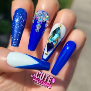 Blue French Bling Press On Nails | French nails | Royal blue nails | bling nails | gold nails | bridal nails | Luxury Nails