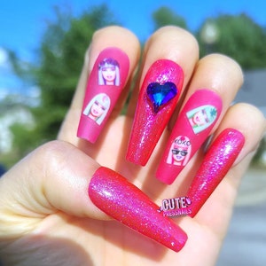 Jelly PINK Girl Heart bling press on nails | Gel Acrylic Nails | Crystal Elegant Nails | Luxury Nails | Bride nails | bling nails