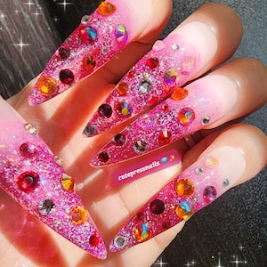 Pink Crystal Press On Nails | Pink Nails Glitter Nails | Bling Press On | Party Nails | XXlong Stiletto Nails