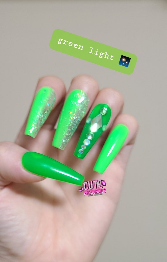 Neon Green Nails With Rhinestone Accents.  Neon green nails, Green nails,  Neon nails