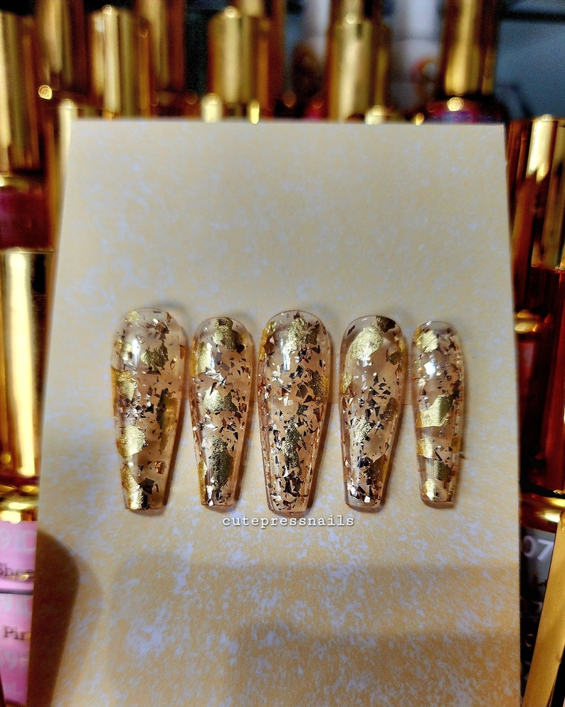 Luxury Golden Press On Nails Gold Nails Gold flake Nails Rich nails image 1