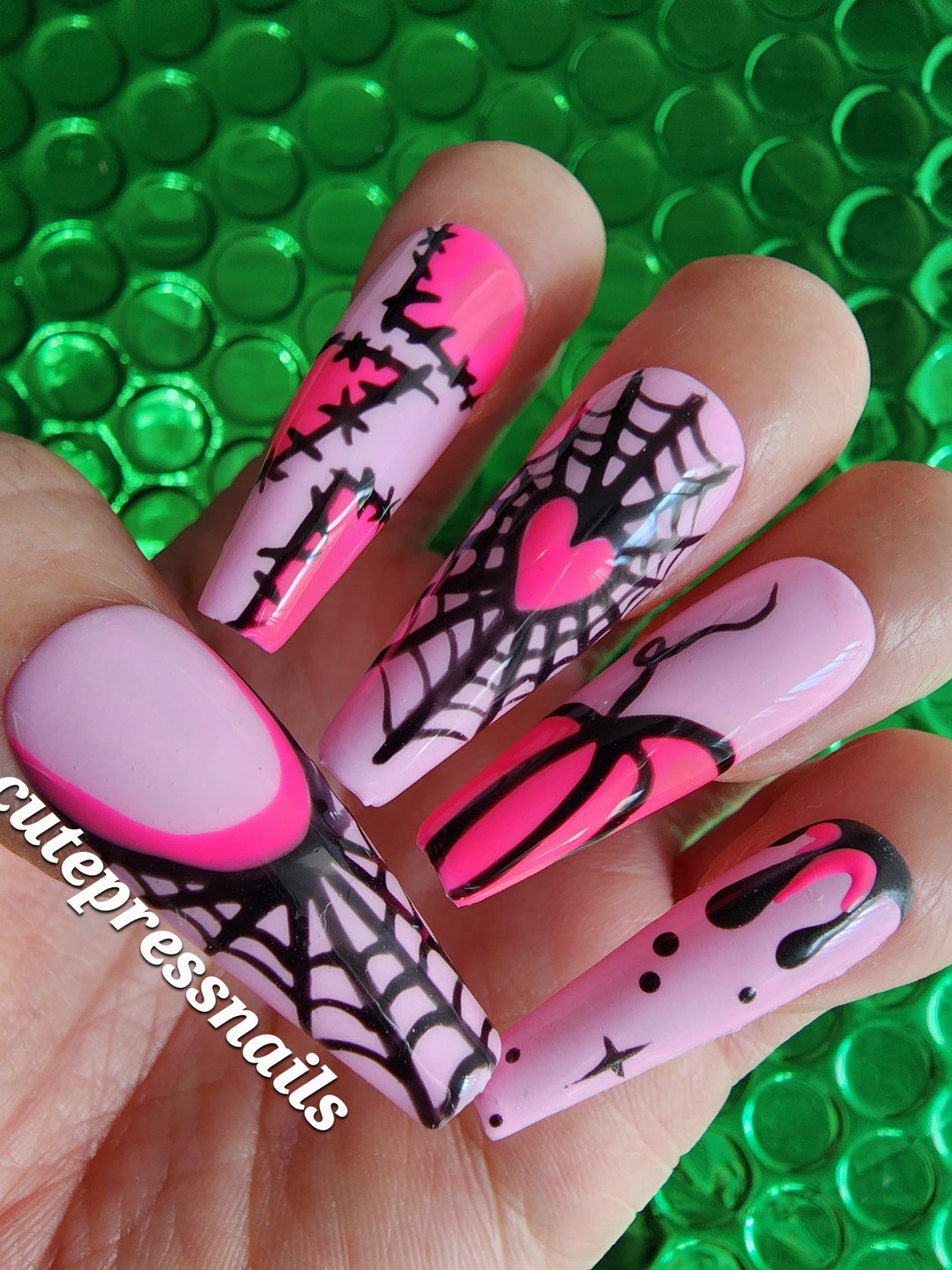 halloween-pink-spider-web-press-on-nails-pumpkin-press-on-etsy