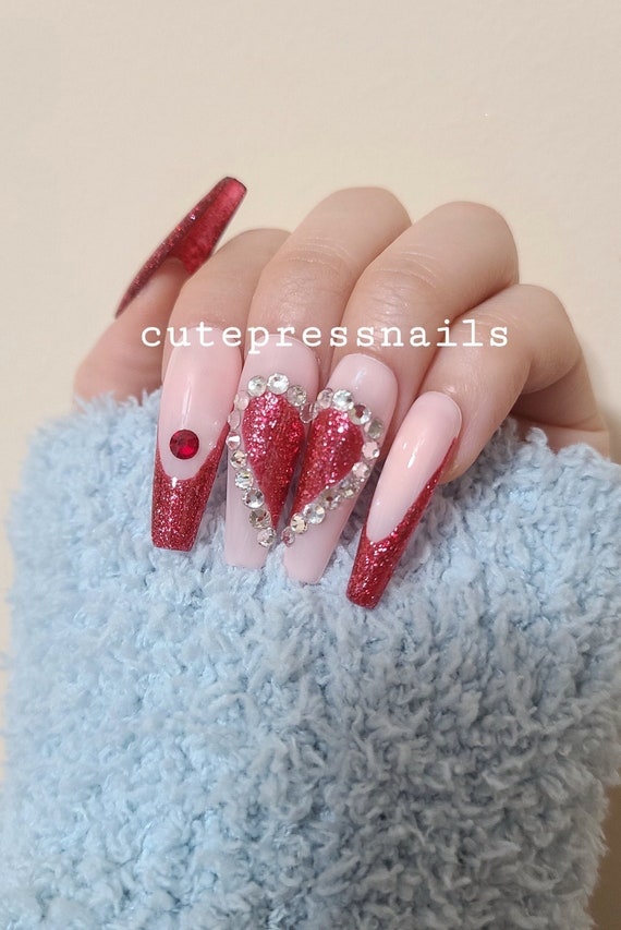 Valentine nails Luxury Coffin Love nails Red Acrylic False nails Logo  customization Pink caviar AB Glitter transparent nail gel