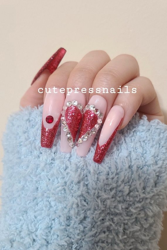 VALENTINE RED 2 HEARTS | Gel Acrylic Nails | Crystal Elegant Nails