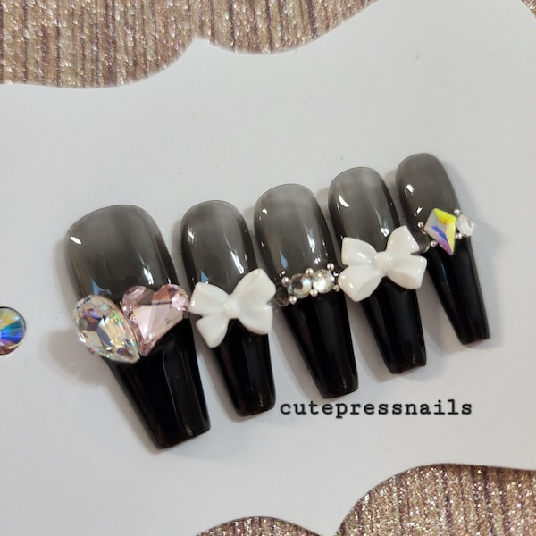 Black Velvet Ribbon transparent nailsㅣbling press on nails | Crystal Elegant Nails | Luxury Nails | Bride nails | bling nails