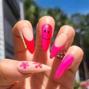 Smiley Pink Red French Flower press on nails