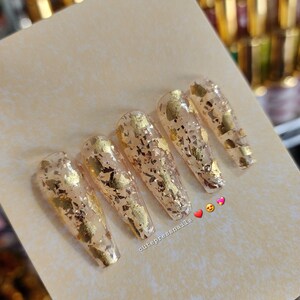 Luxury Golden Press On Nails Gold Nails Gold flake Nails Rich nails image 2