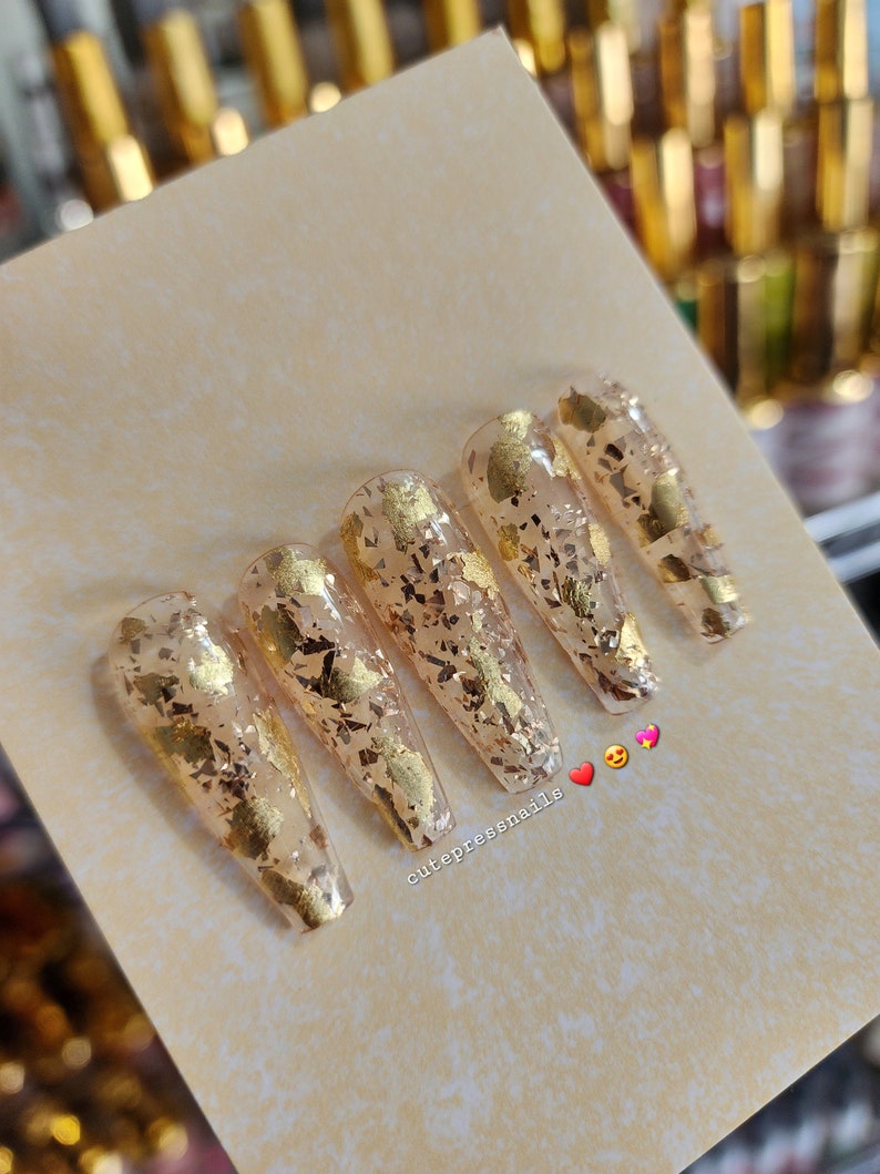 Luxury Golden Press On Nails Gold Nails Gold flake Nails Rich nails image 2