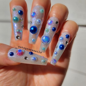 Blue Heaven Pearl Press On Nails | Pearl Nails | Blue glitter Nails | Party nailsㅣbling press on nails | Luxury Nails | Bride nails