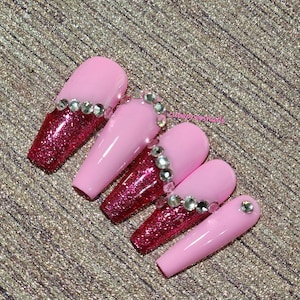 Deep Pink Platinum Bling Press On Nails