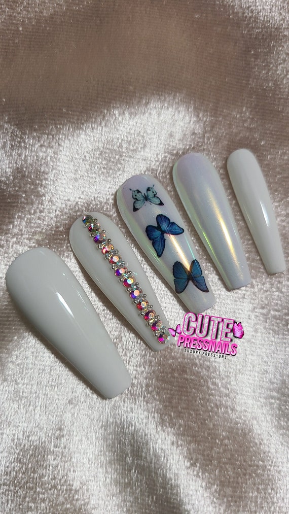 Buy Butterfly White Press on Nails White Nails Crystal Elegant