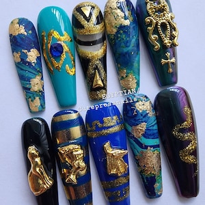 Egyptian Nail Press On Nails Coffin Nails | Luxury Glue On Nails | Minimalism Press On Nails | Teal Gold Nail | Gold Nail