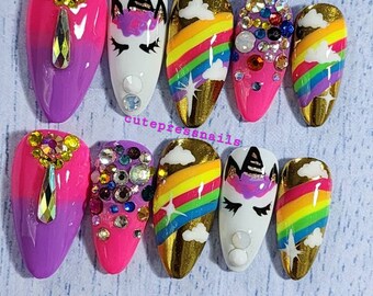 Unicorn Press On Nails | Unicorn Nails | Festive Nails | Fun Nails | Luxury Nails | Rainbow Nails