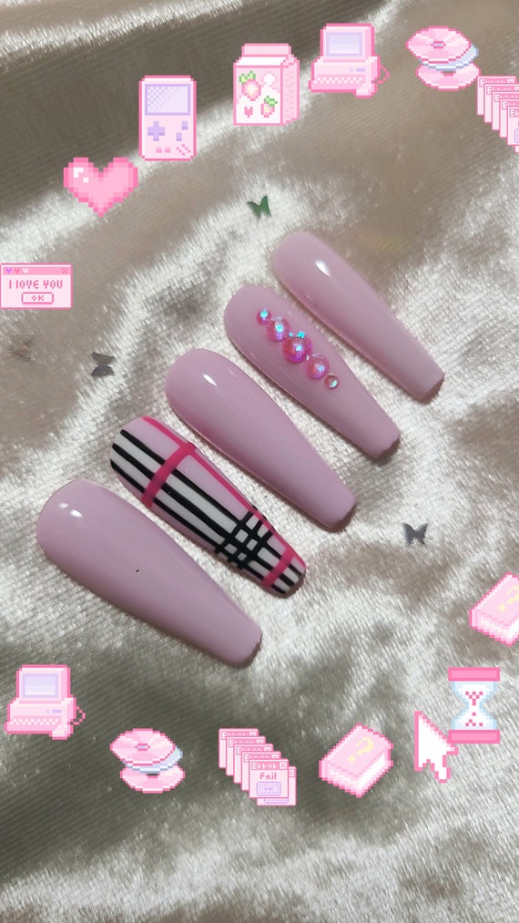 Pink Check Pattern Bling Press on Nails Gel Acrylic Nails Crystal