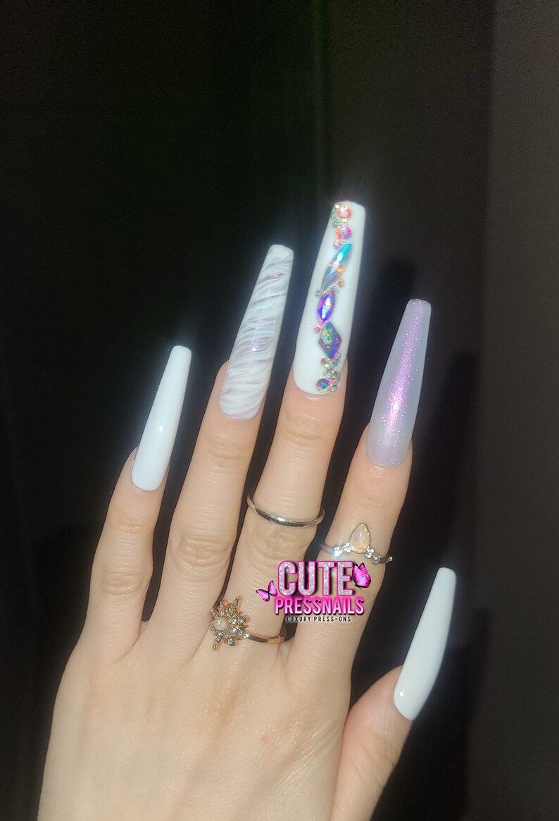 XXL WHITE MARBLE Press on Nails Gel Acrylic Nails Crystal Etsy
