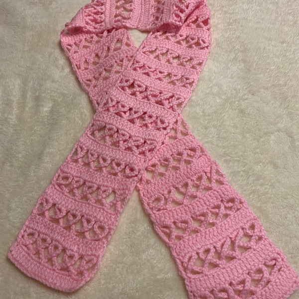 Hand Made Crochet Pink / Pink Ribbon Breast Cancer Scarf 60" x 5"