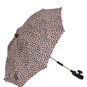 May include: A black and white leopard print stroller sunshade with a black metal frame and a black clamp. The sunshade is designed to attach to a stroller.