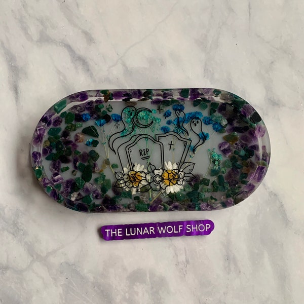 Cute Spooky Ghost Crystal Tray- gravestone- floral- bloodstone- amethyst- green aventurine- rolling tray