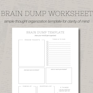 Pode incluir: Uma folha de trabalho de tipo brain dump branca com texto preto. O cabeçalho diz BRAIN DUMP TEMPLATE e clear your mind & get organized. As seções incluem Random Thoughts, Tasks & To Dos, what tasks need to be finished, what do I need to get scheduled, Coming Up, Shopping List e 3 Things.