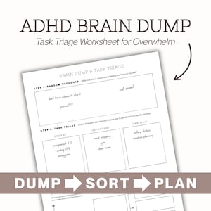 May include: A white ADHD Brain Dump Task Triage Worksheet with black text. The header reads ADHD BRAIN DUMP Task Triage Worksheet for Overwhelm. It includes sections for Random Thoughts, Urgent, Important, and Can Wait tasks, with a DUMP SORT PLAN banner.