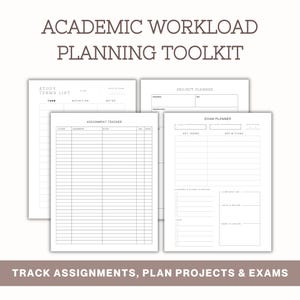 Puede incluir: Un kit de planificación de carga de trabajo académica con hojas blancas imprimibles y texto negro. Las páginas incluyen una lista de términos de estudio, un planificador de proyectos, un rastreador de tareas y un planificador de exámenes.