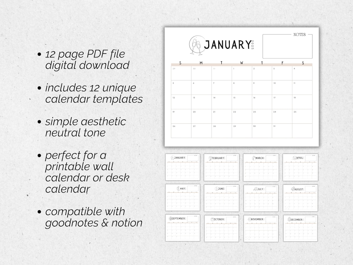 12 Month Calendar | 2025 Printable Calendar, Aesthetic Calendar ...