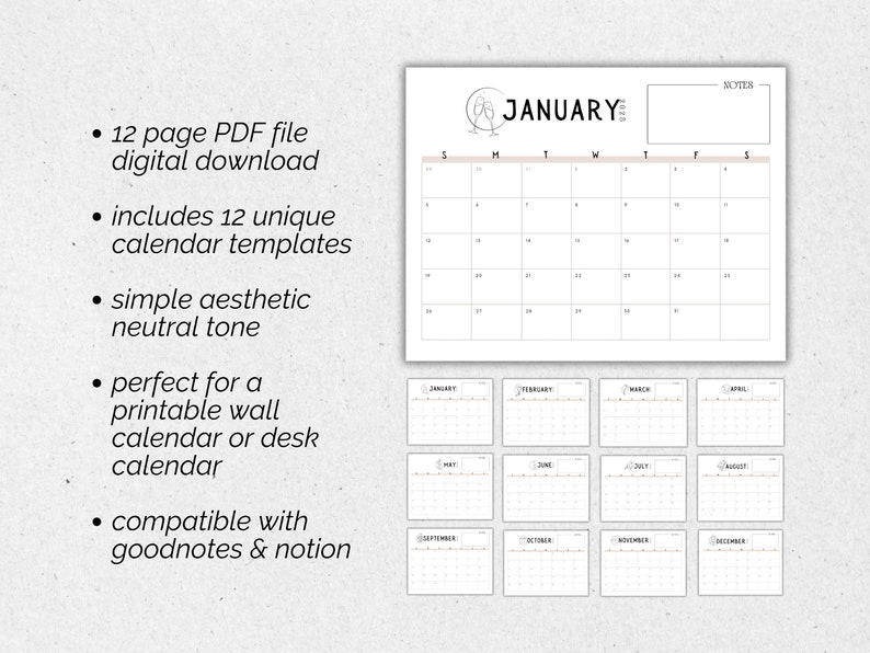 12 Month Calendar 2025 Printable Calendar, Aesthetic Calendar