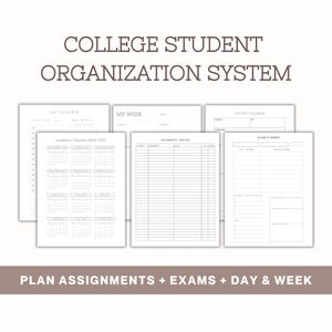 May include: A college student organisation system featuring multiple white planner pages with black text. The sheets include an academic calendar for 2026-2027, a day planner, a weekly schedule, an assignment tracker, and an exam planner.