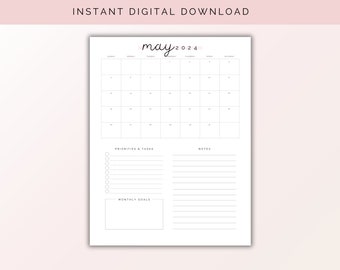 May 2024 Calendar Printable, Blank Calendar, Agenda 2024, Aesthetic Calendar, May 2024 PDF Calendar, Monthly Organizer, May 2024 Printable